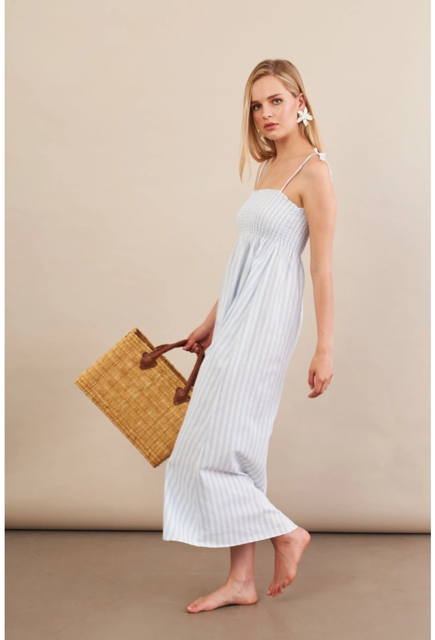 Kadın Ekru-Mavi Straplez çizgili Plaj Elbisesi OR502