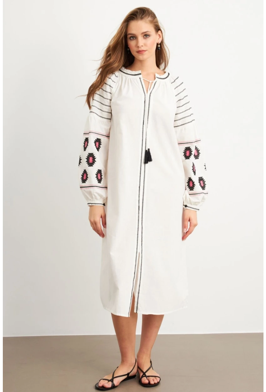 Kadın Ekru Nakışlı Balon Kol Keten Midi Elbise MQS5689-1