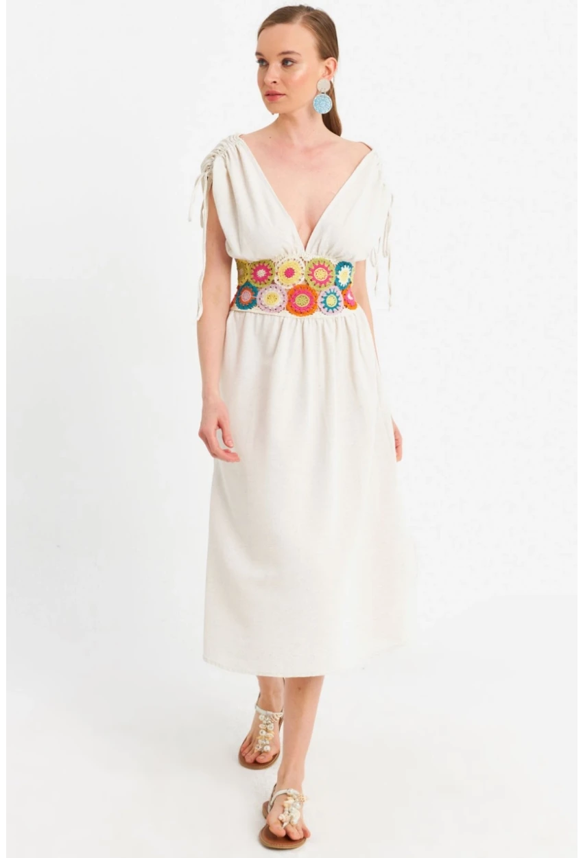 Kadın Ekru Ön Arka V Nakışlı Midi Elbise ELT180