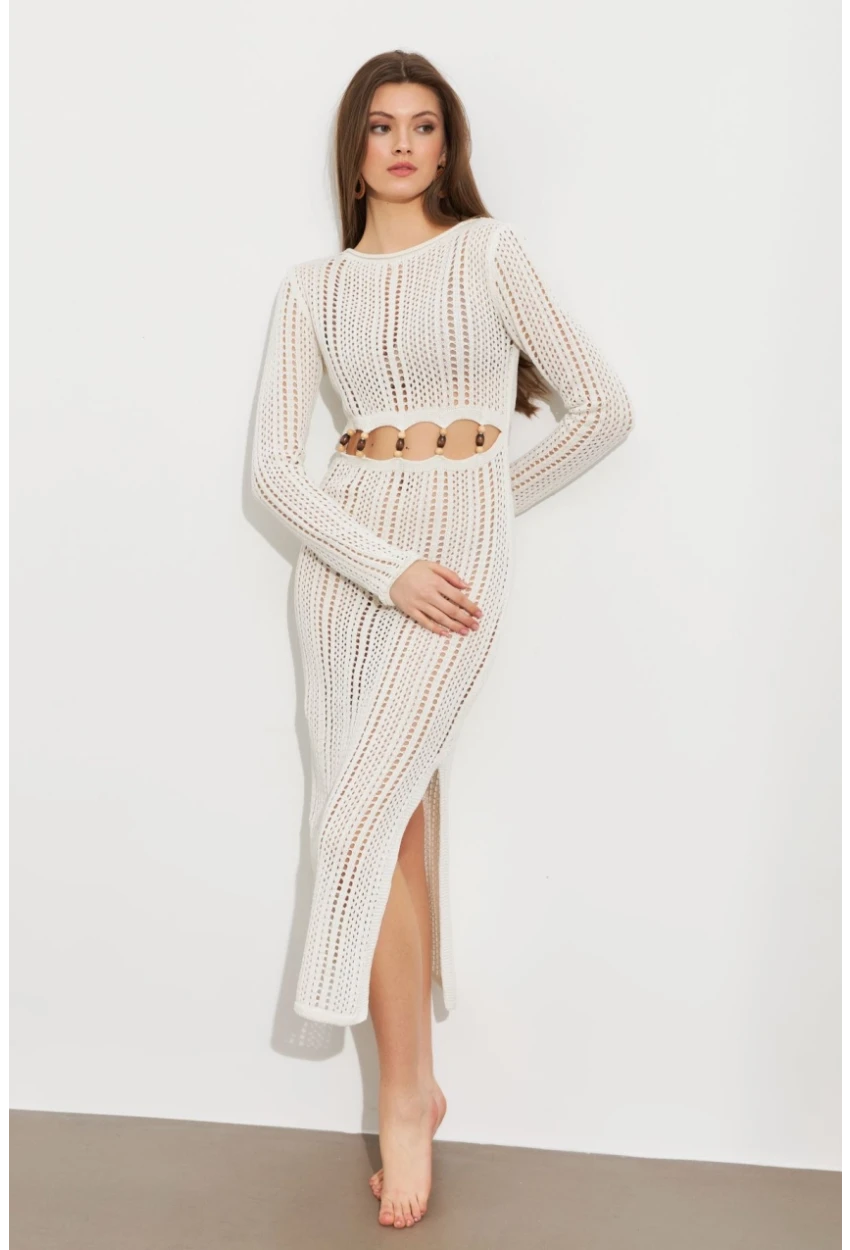 Kadın Ekru Önü Pencereli Ajurlu Plaj Elbisesi KZ545
