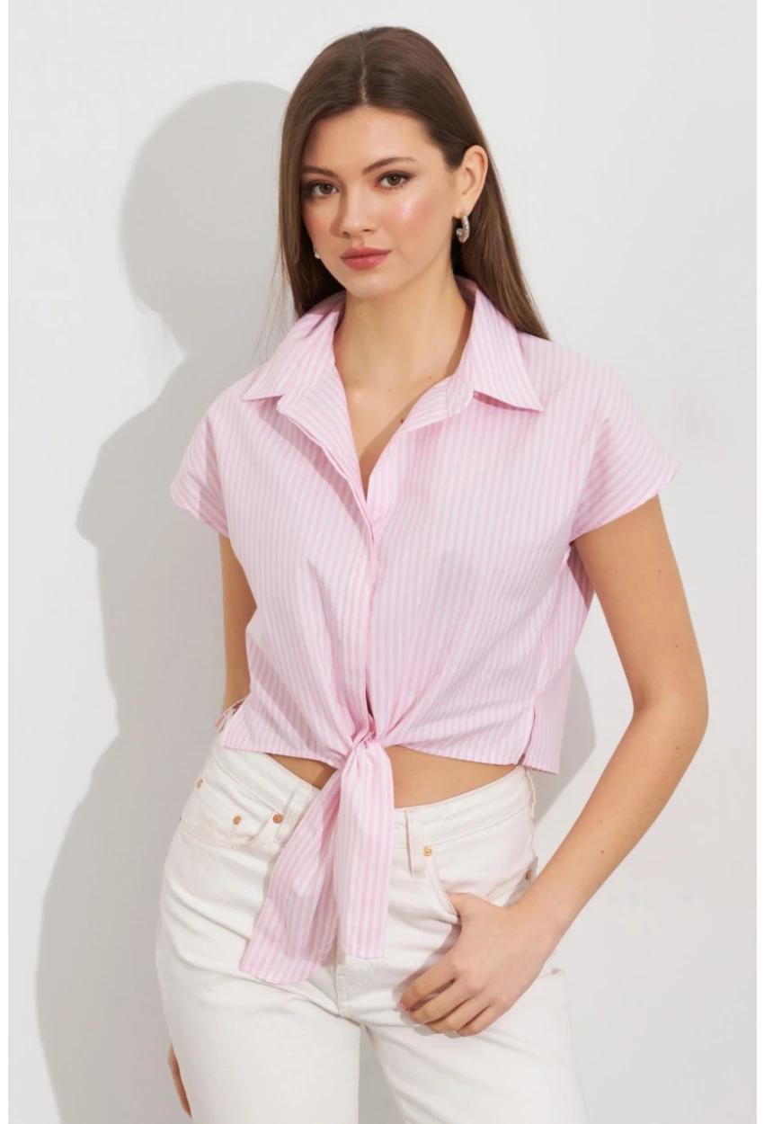 Kadın Ekru-Pembe Çizgili Bağlamalı Crop Gömlek MPC306