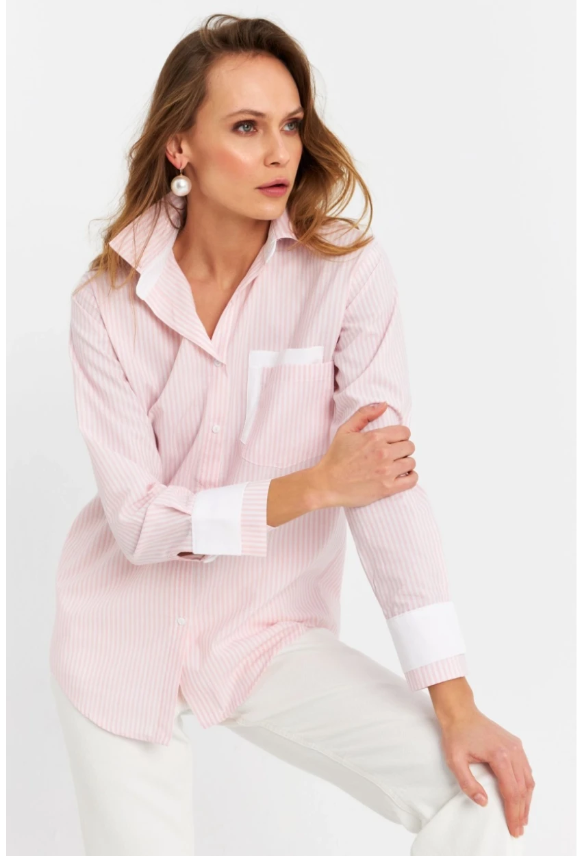 Kadın Ekru-Pembe Çizgili Gömlek MPC6041