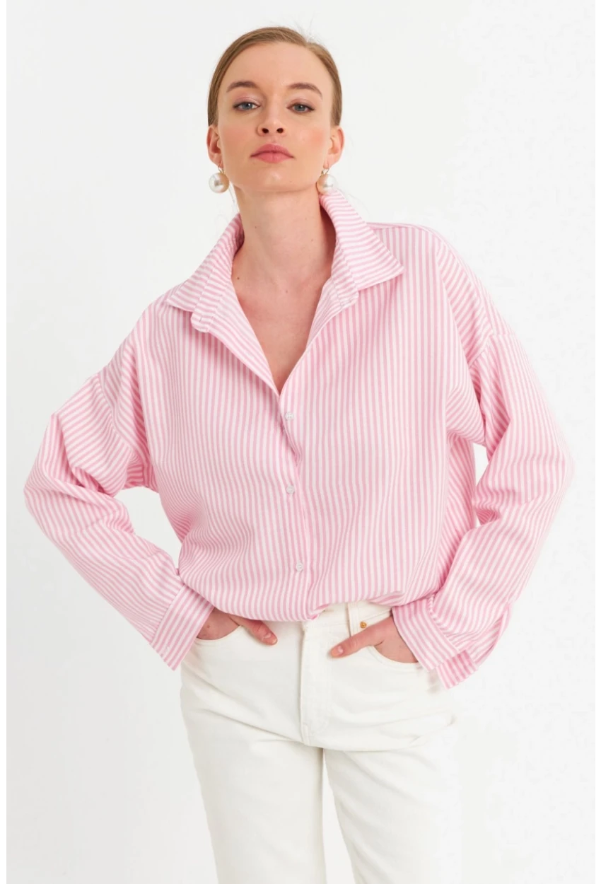 Kadın Ekru-Pembe Çizgili Gömlek ZER425