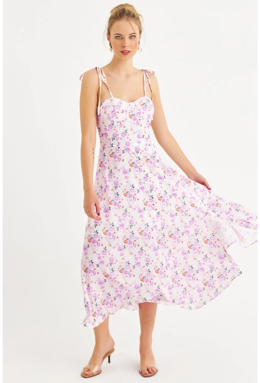 Kadın Ekru-Pembe İp Askılı Çiçekli Midi Elbise ERL10013