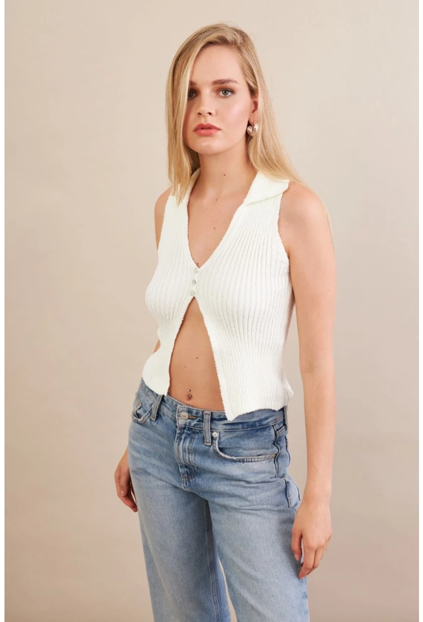 Kadın Ekru Polo Yaka Yumoş Yelek ZH050