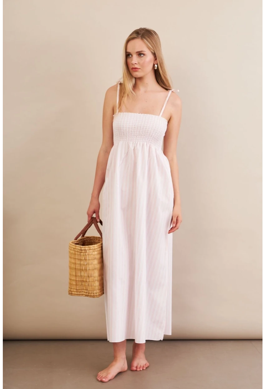 Kadın Ekru-Pudra Straplez Çizgili Plaj Elbisesi OR502