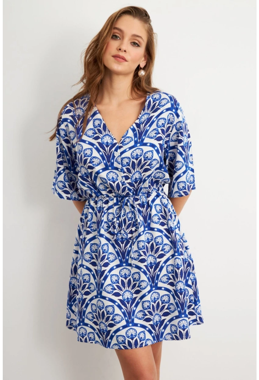 Kadın Ekru-Saks Desenli Mini Elbise Q1006