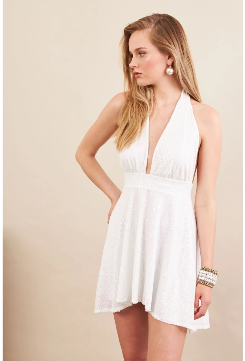 Kadın Ekru Sırtı Açık Payetli Astarlı Mini Elbise DCF046