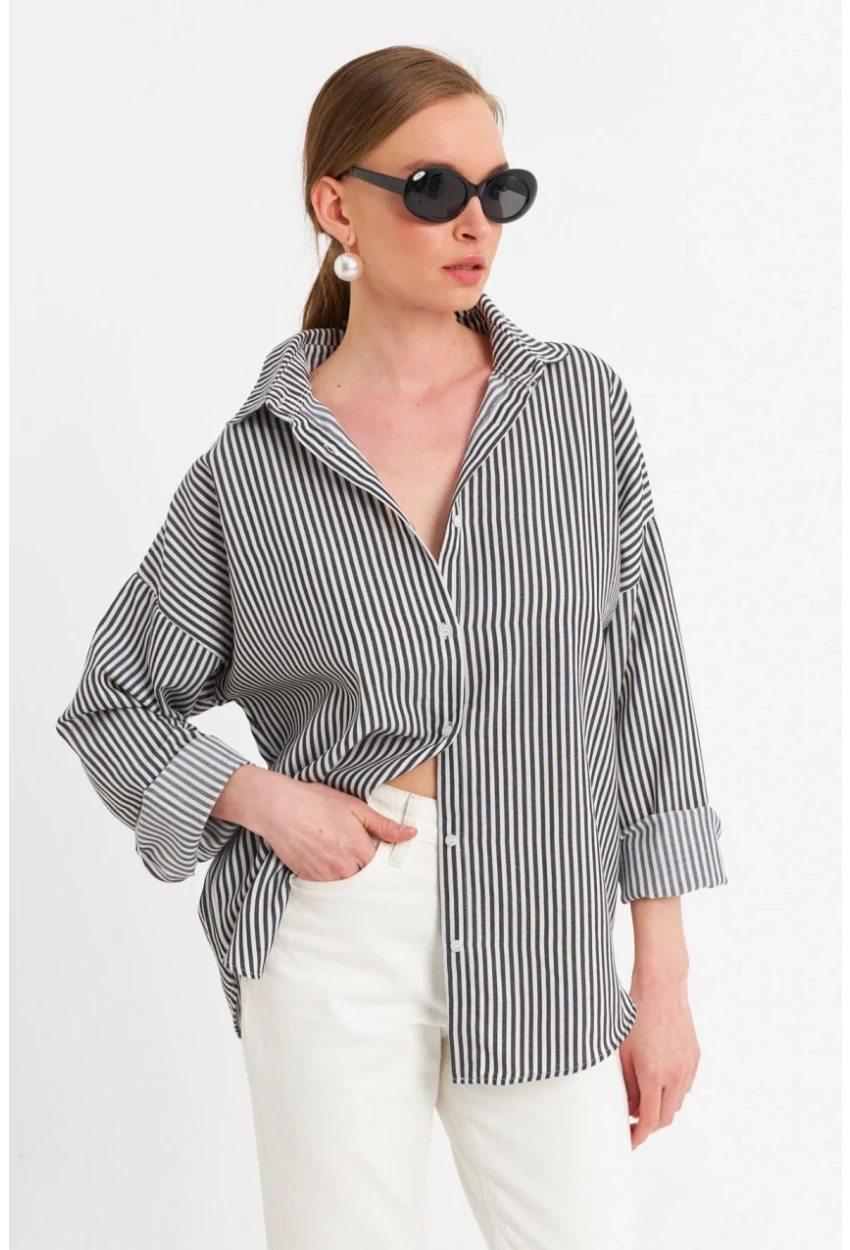 Kadın Ekru-Siyah Çizgili Gömlek ZER425