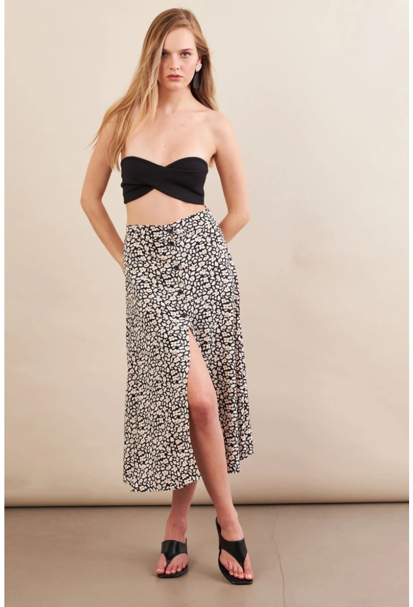 Kadın Ekru-Siyah Düğmeli Midi Etek SH60