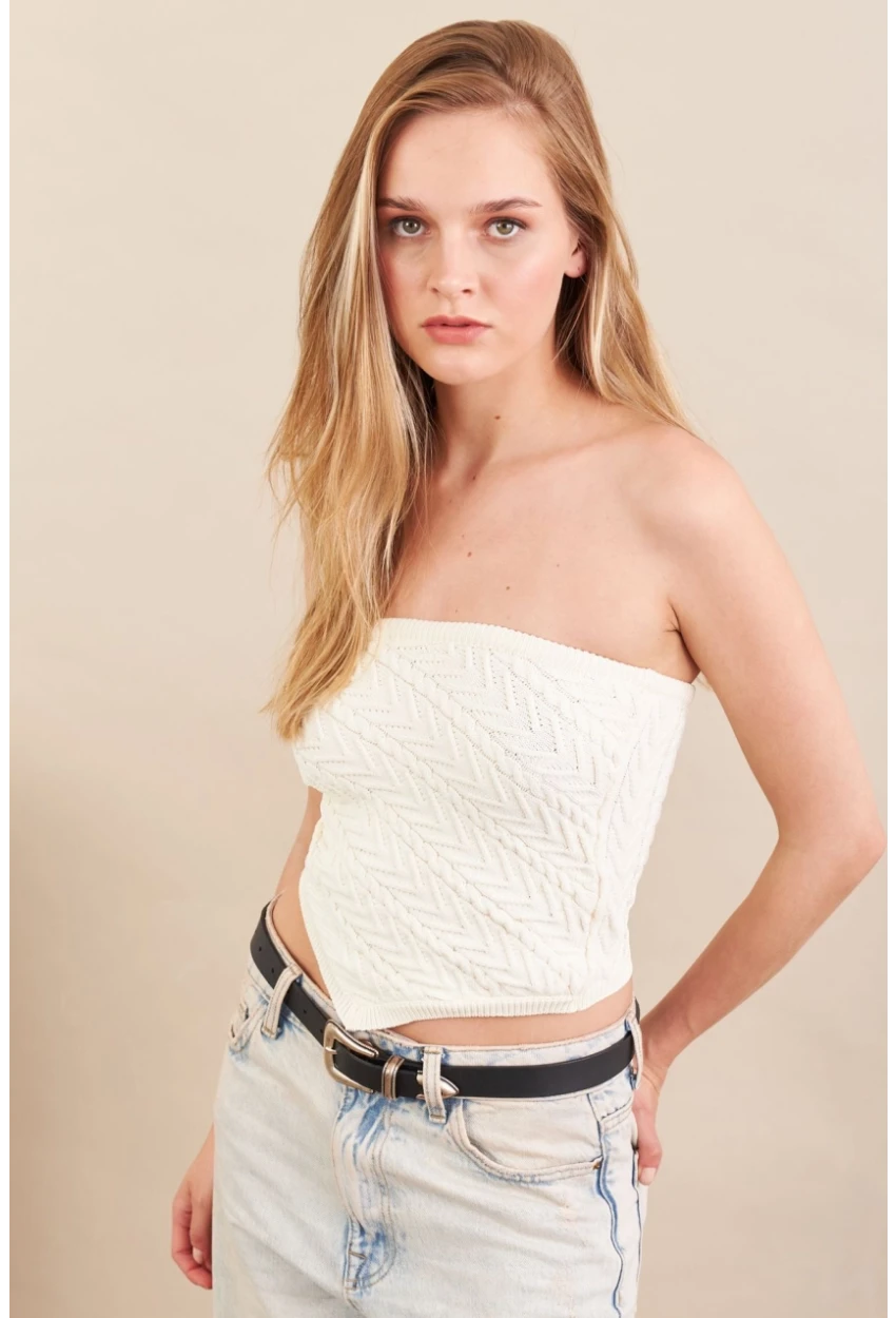 Kadın Ekru Straplez Triko Crop Bluz ZH049
