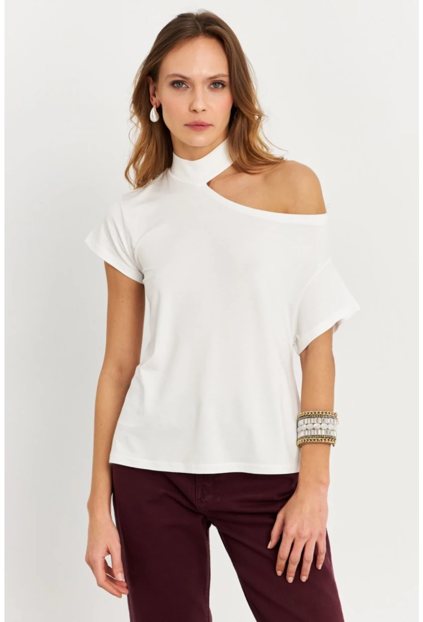 Kadın Ekru Tek Omuz Açık Bluz LPP1300