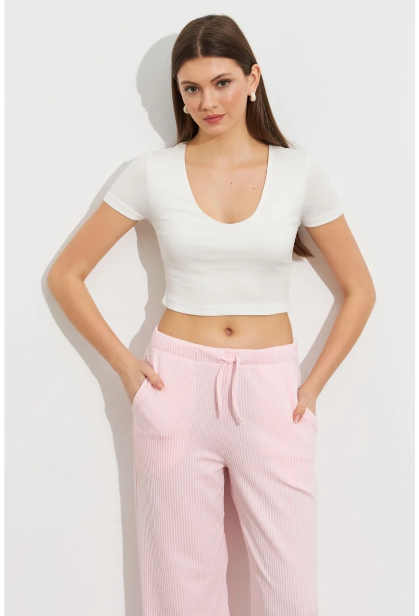 Kadın Ekru V Yaka Crop Bluz TOP101