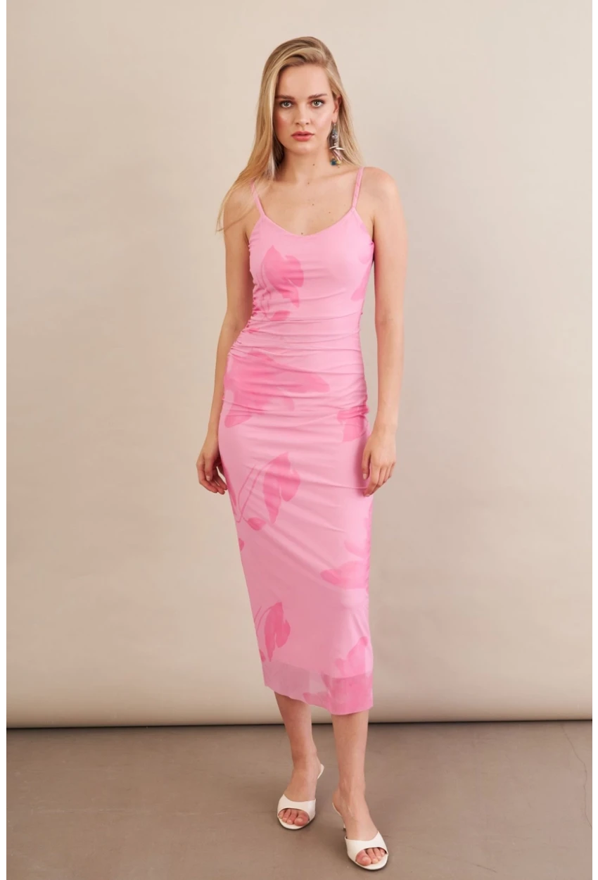 Kadın Fuşya Astarlı Midi Tül Elbise MRS130