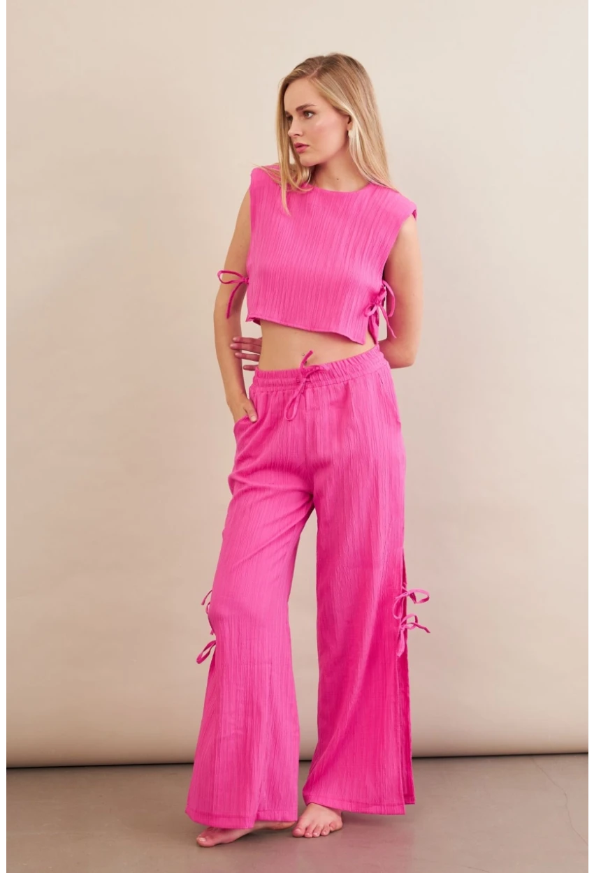 Kadın Fuşya Omuzları Vatkalı Bağlama Detaylı Alt Üst Takım KED002