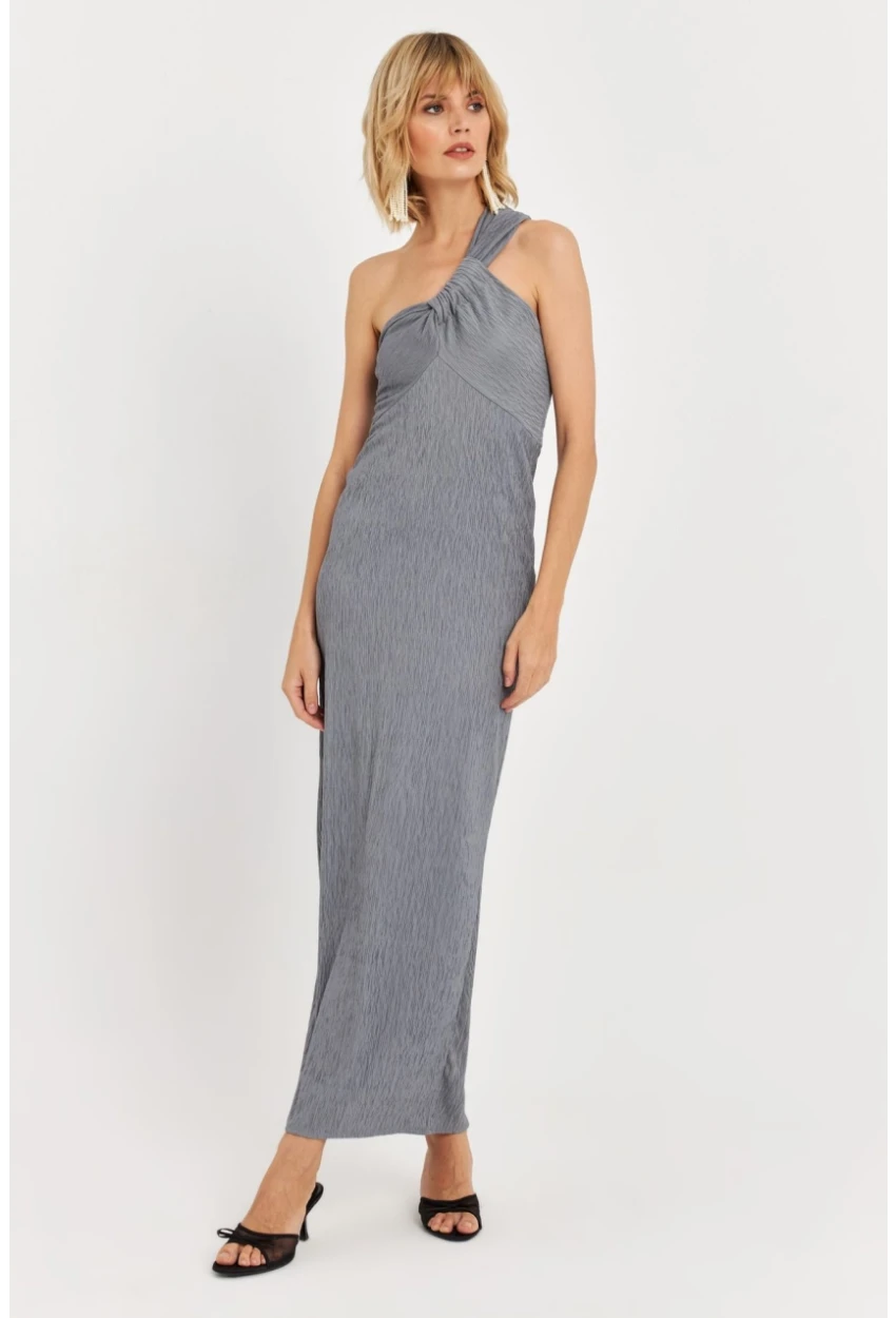 Kadın Gri Asimetrik Yaka Maxi Elbise NH25455