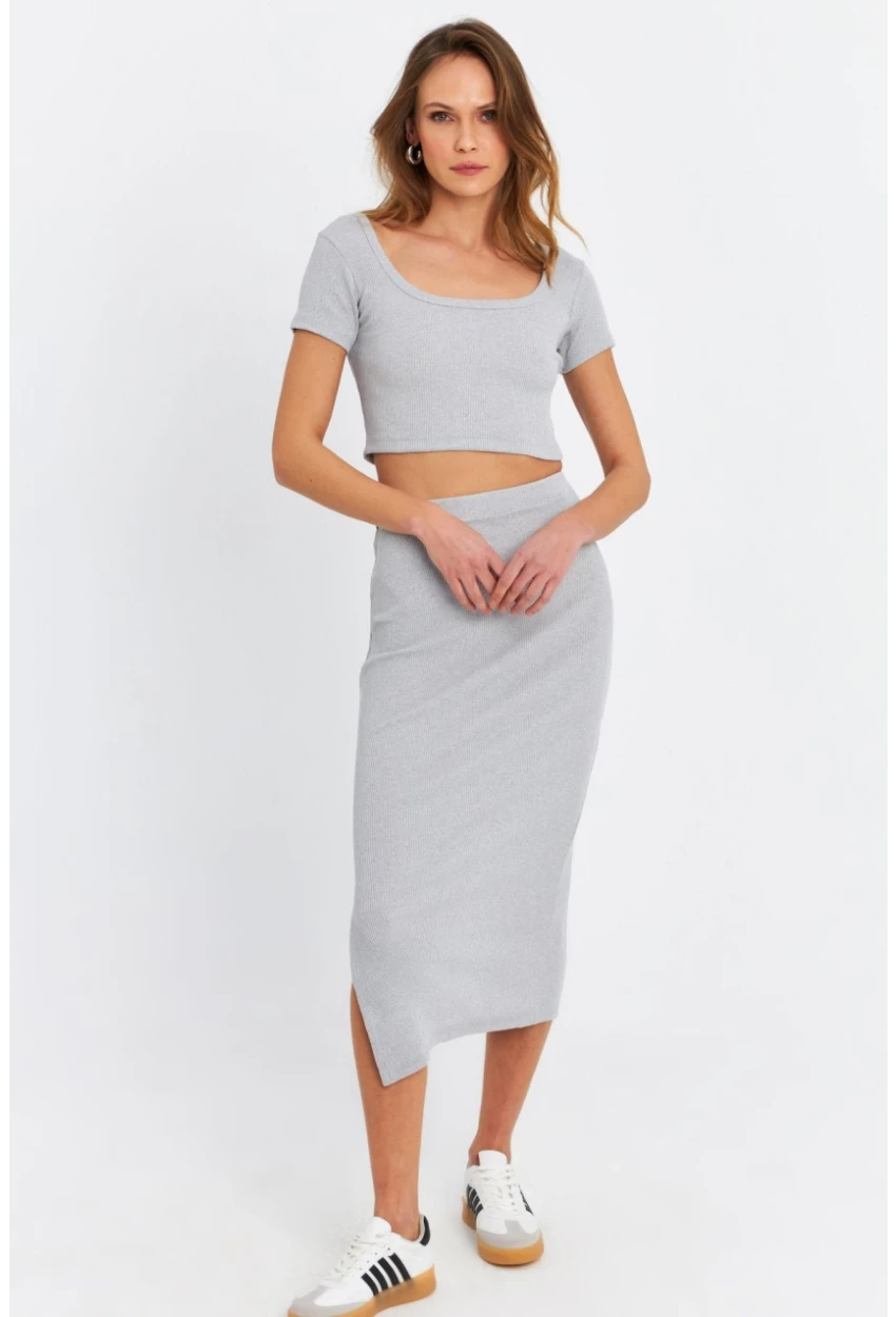 Kadın Gri Crop Etek Takım OR2060