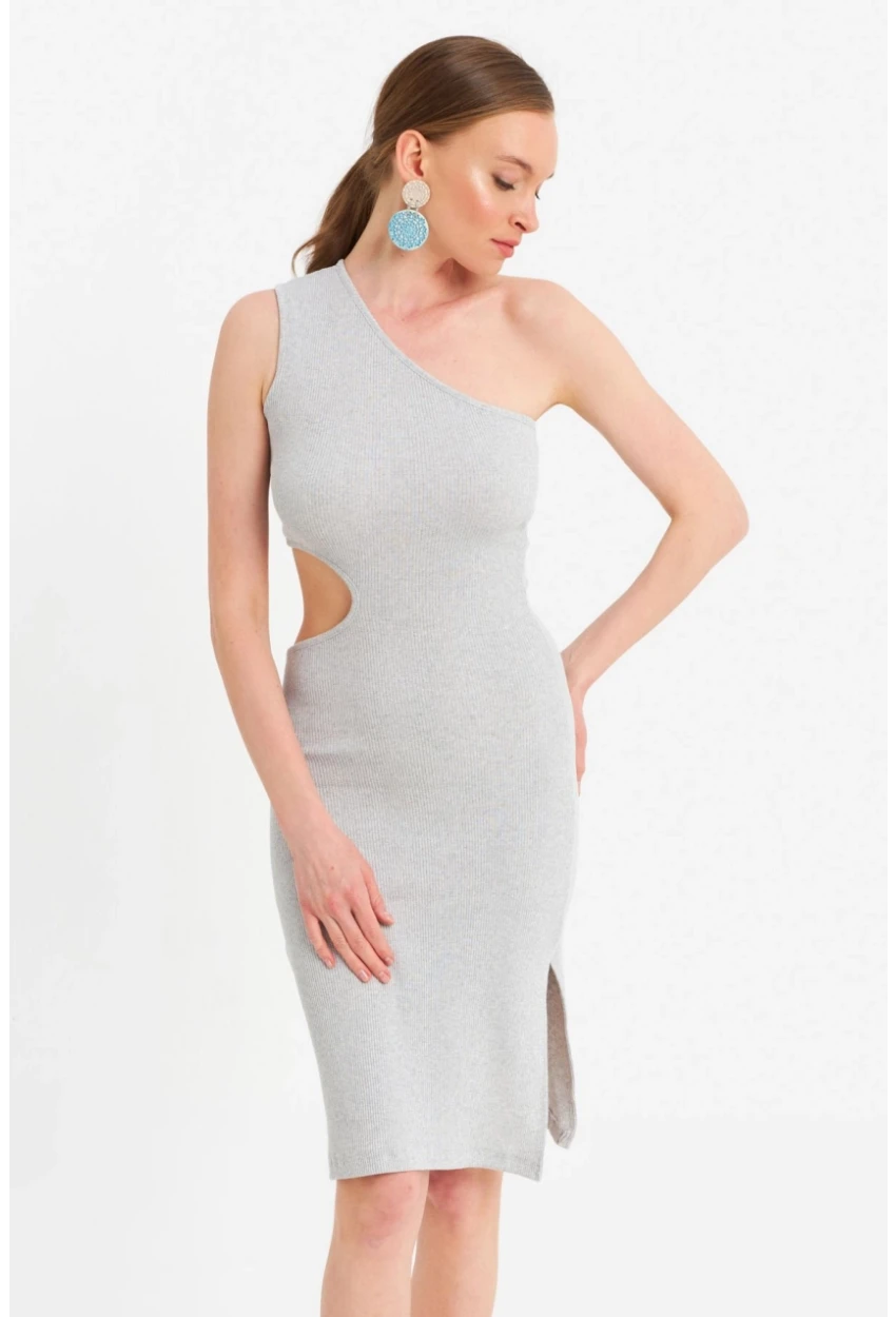 Kadın Gri Dekolteli Kaşkorse Midi Elbise OR2460