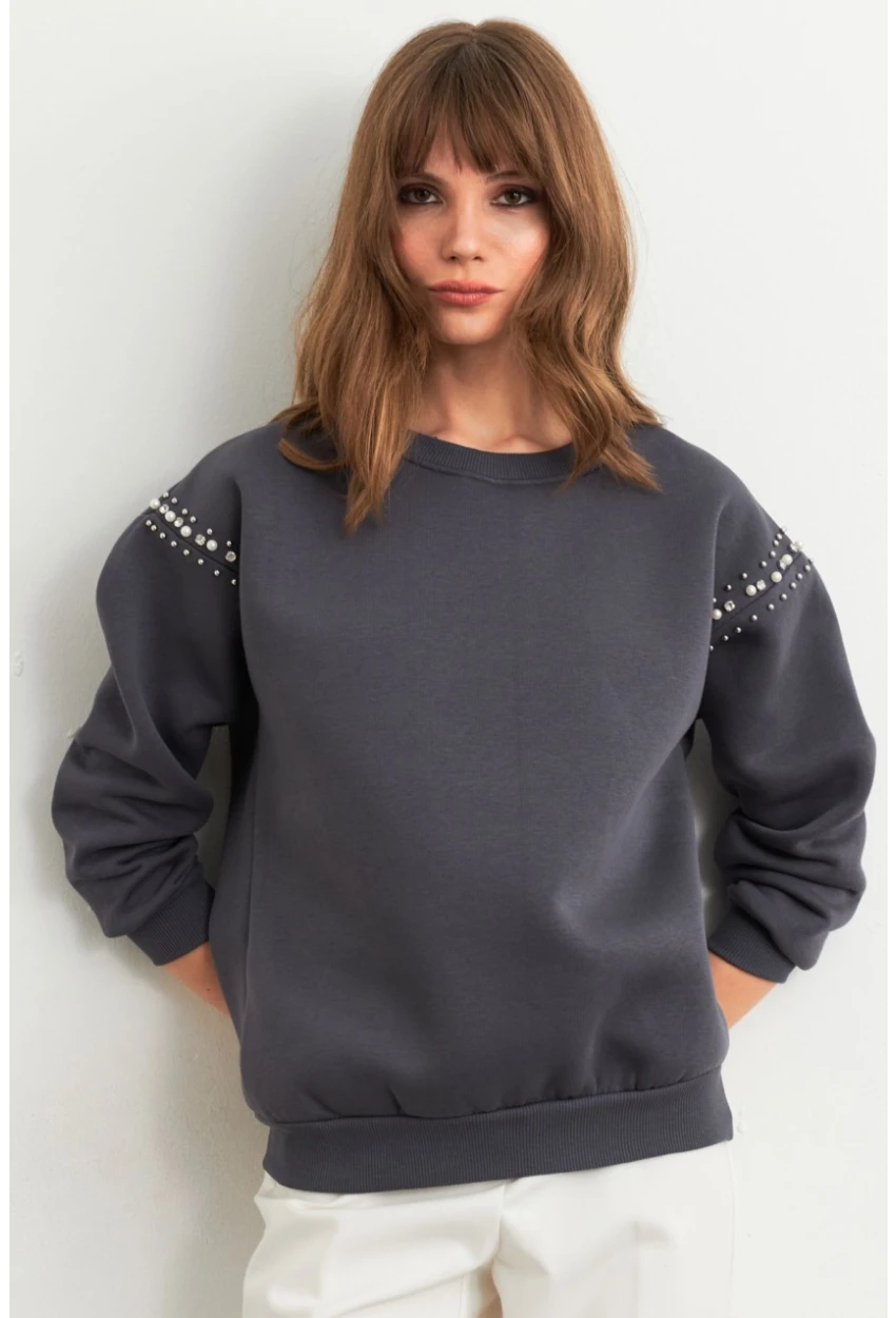 Kadın Gri Omuzları İnci Detaylı Sweatshirt MDY1424