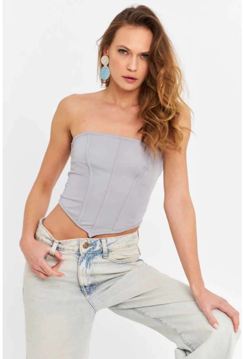 Kadın Gri Straplez Crop Bluz B6081