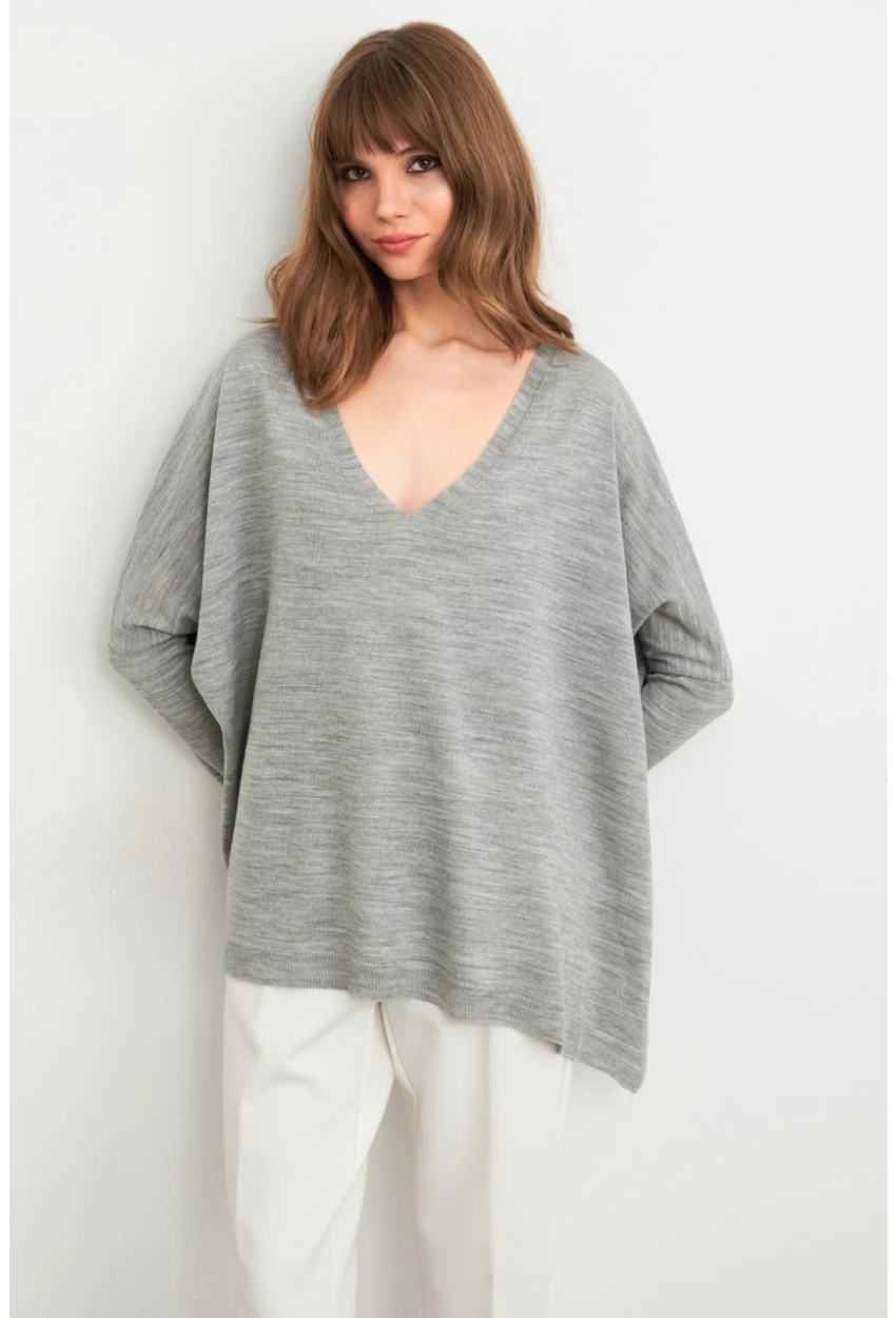 Kadın Gri V Yaka Salaş Bluz YV304
