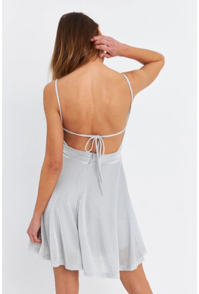 Kadın Gümüş Rengi Kruvaze Simli Astarlı Mini Elbise DCF110