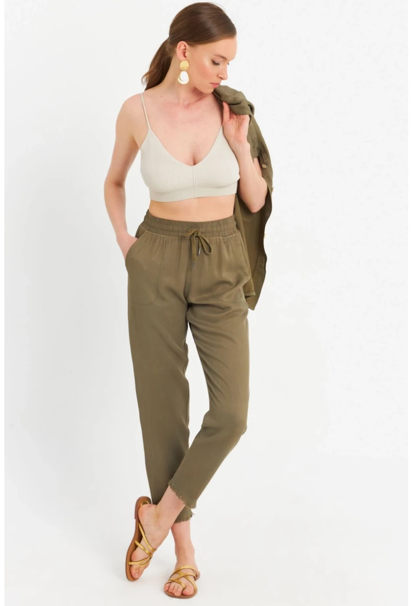 Kadın Haki Beli Lastikli Tensel Pantolon SUN201