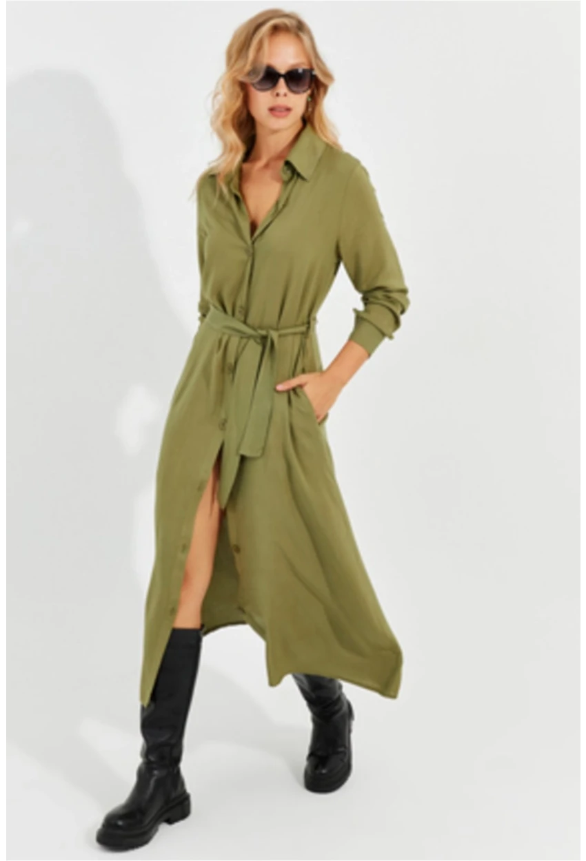 Kadın Haki Cepli Gömlek Midi Elbise BK1683