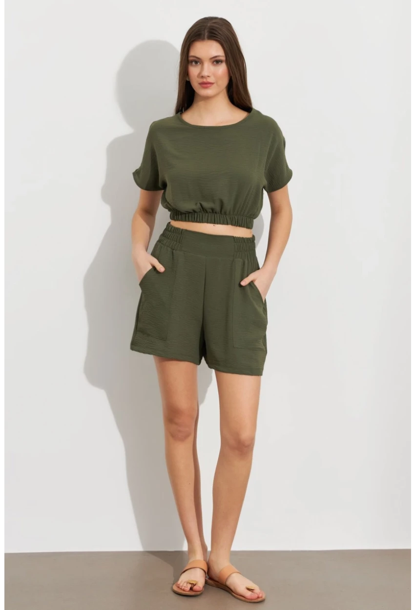 Kadın Haki Crop Şort Takım Q1014