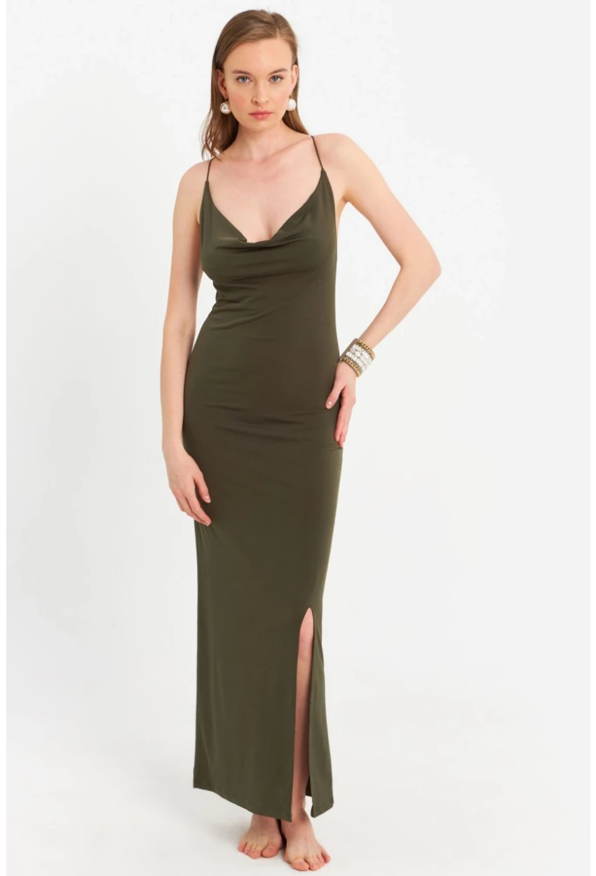 Kadın Haki Degaje Yaka Askılı Maxi Elbise DMR289