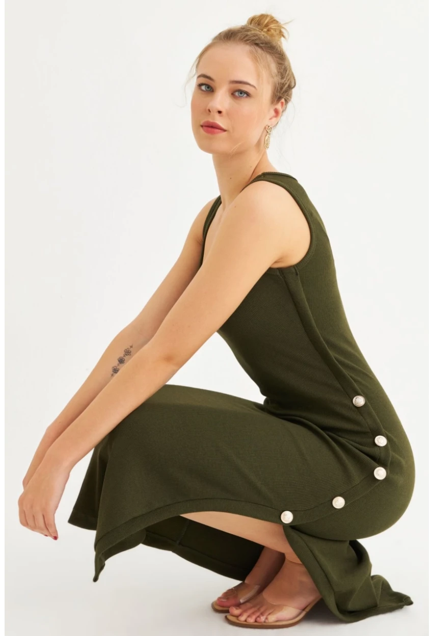 Kadın Haki Düğme Detaylı Kaşkorse Midi Elbise EY2837