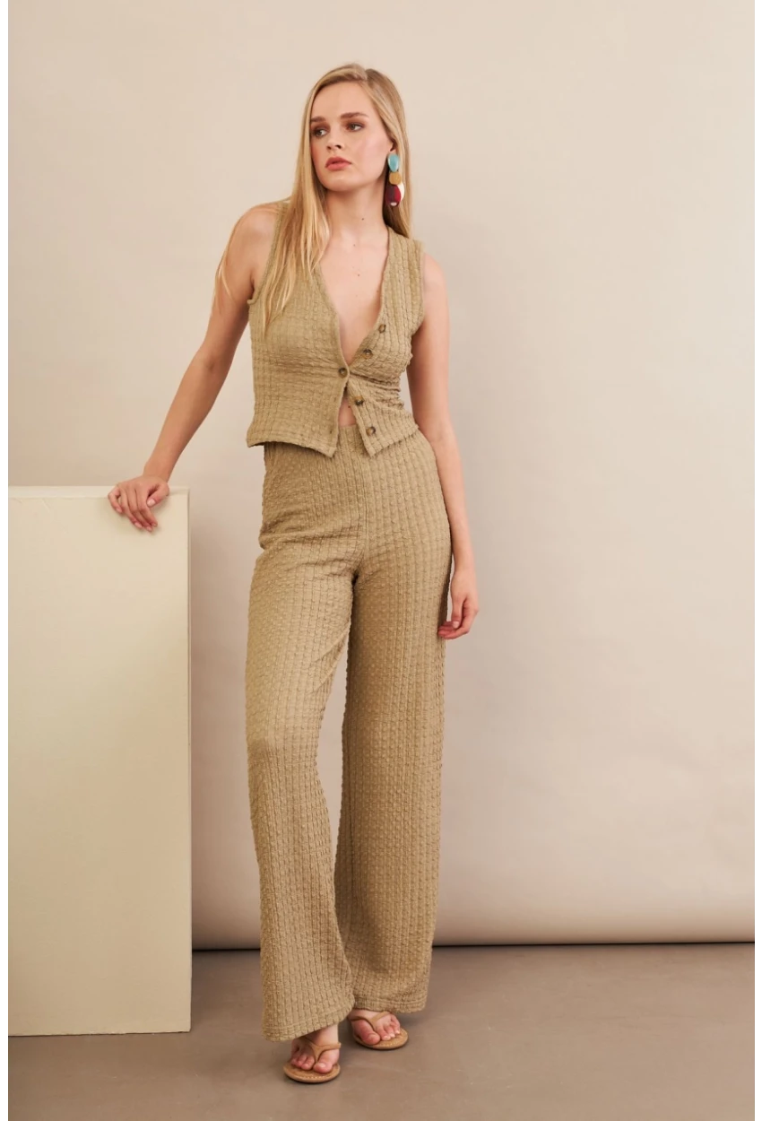 Kadın Haki Gofre Yelek Pantalon Takım FLU330