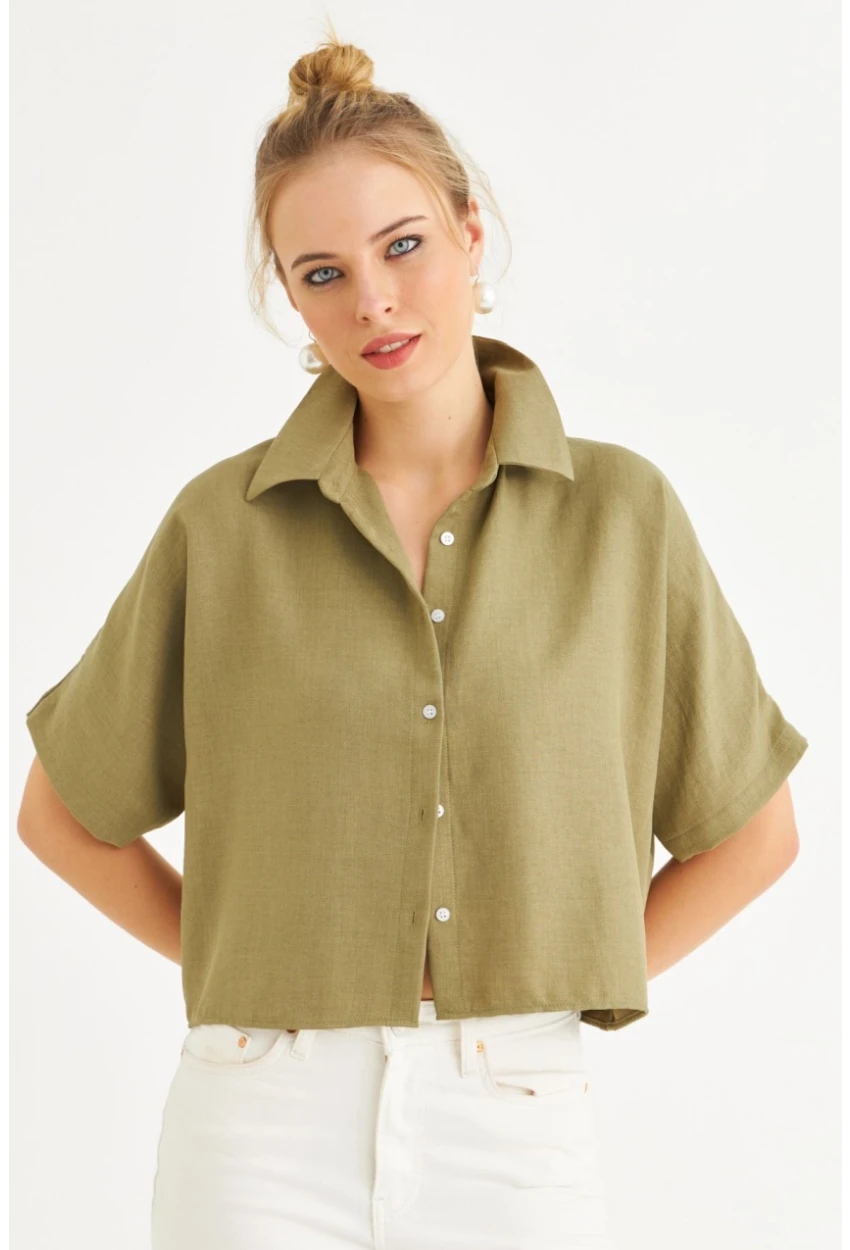 Kadın Haki Kısa Kollu Crop Gömlek CNG117
