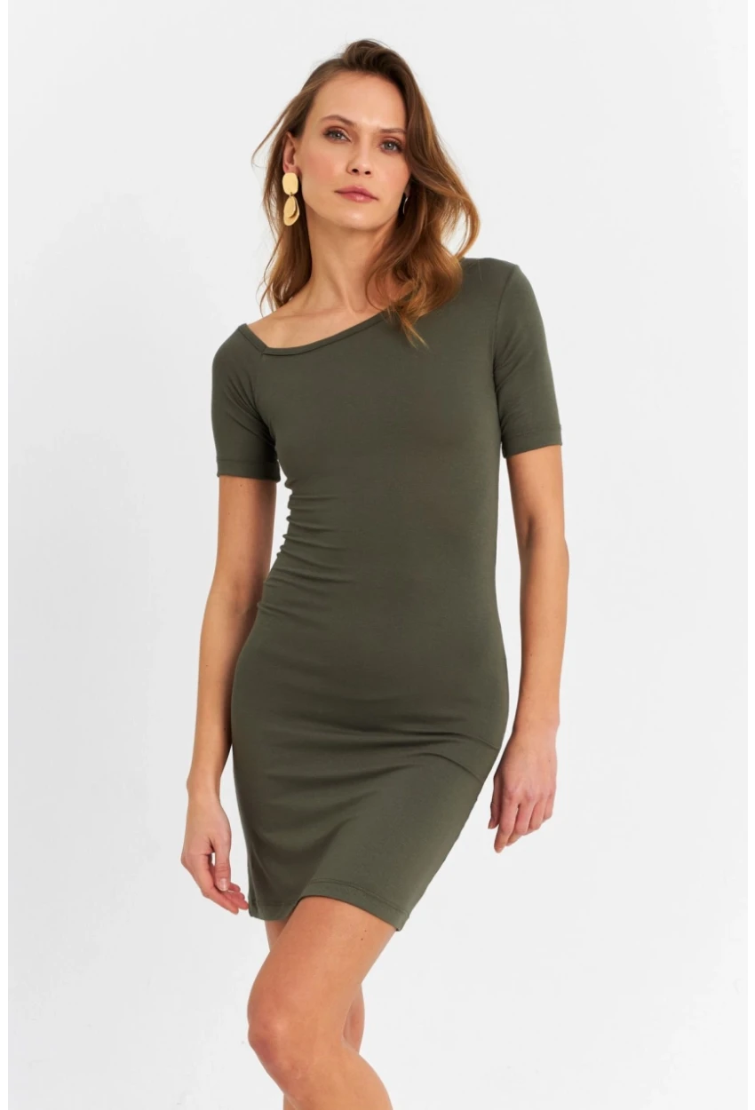 Kadın Haki Tek Omuz Açık Mini Elbise EY3079