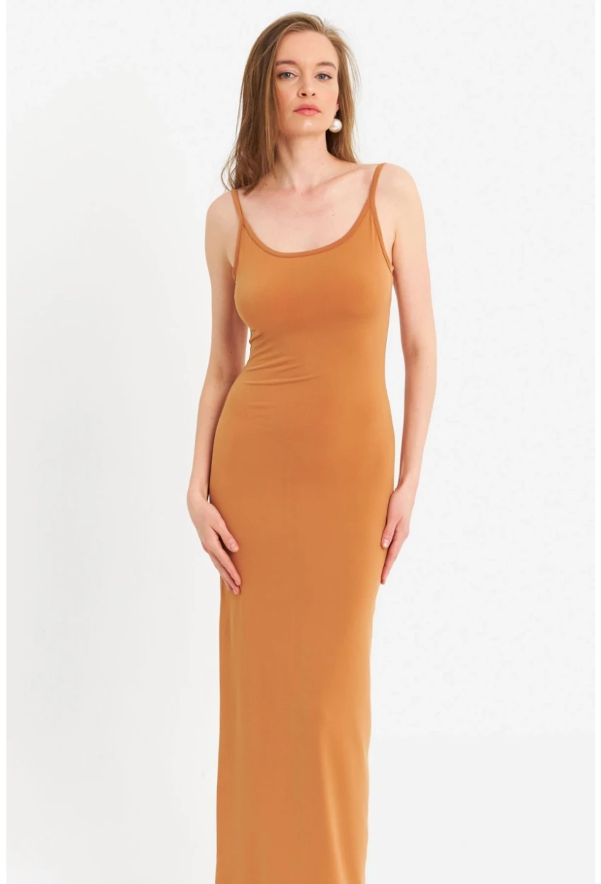 Kadın Hardal Ayarlanabilir Askılı Maxi Elbise MEN2004