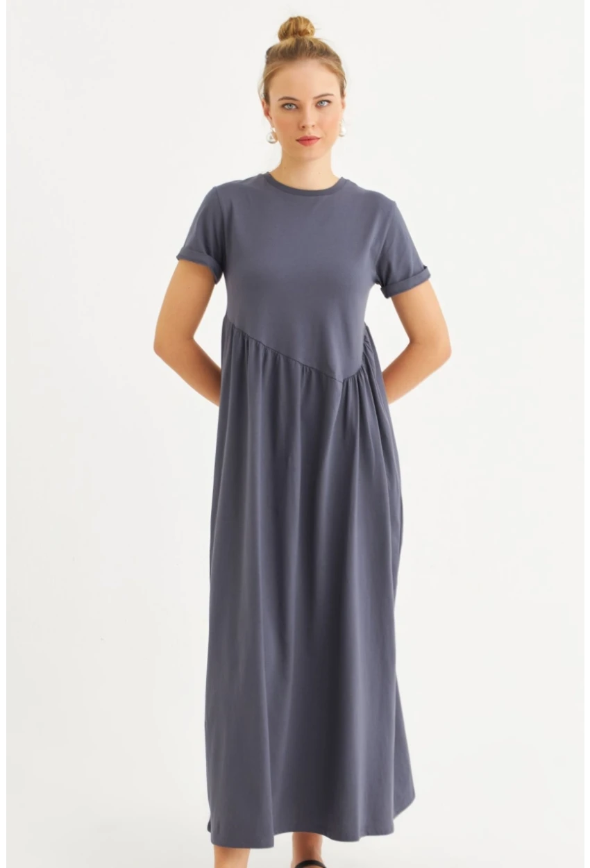 Kadın İndigo Asimetrik Dikişli Maxi Elbise MDMR440