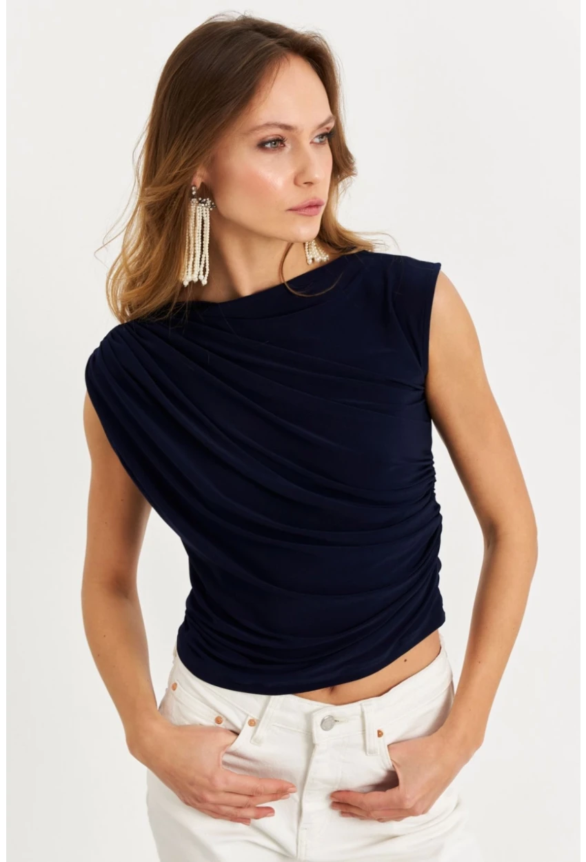 Kadın İndigo Büzgülü Kolsuz Bluz LPP1205-90