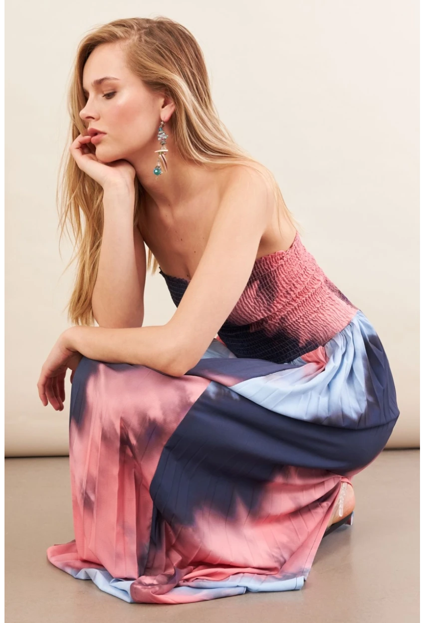 Kadın İndigo-Pudra Straplez Pilise Uzun Elbise MSİ100