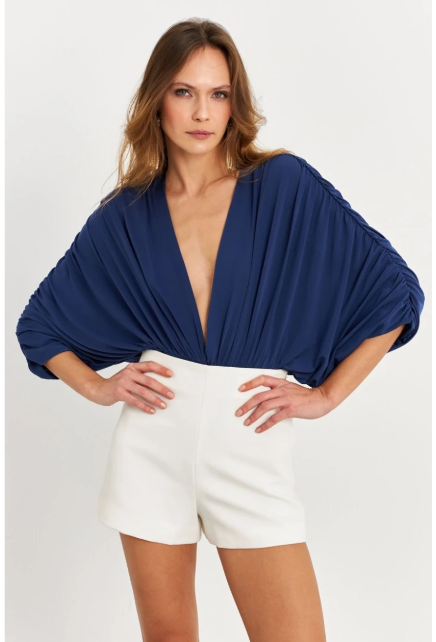 Kadın İndigo Sırt Dekolteli Volanlı V Yaka Body BAR802