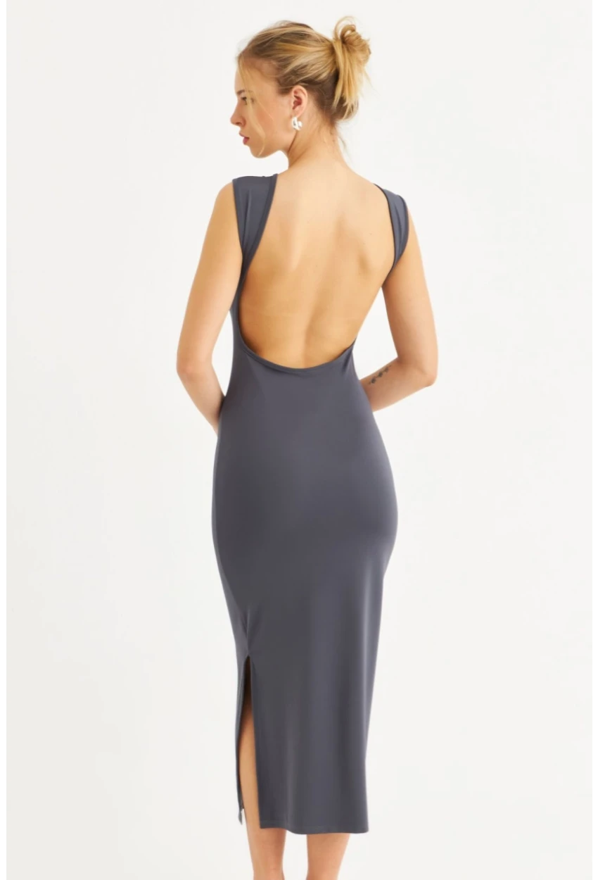 Kadın İndigo Sırtı Açık Midi Elbise YEL221672