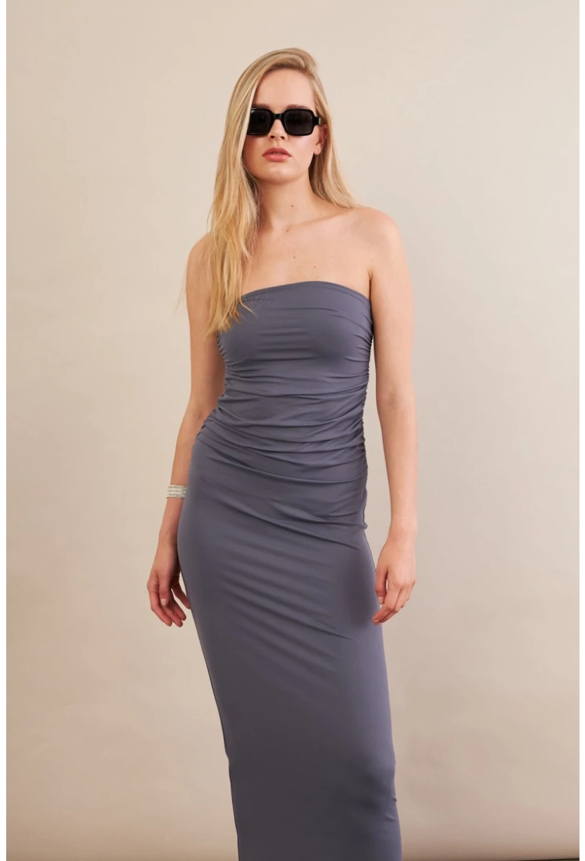 Kadın İndigo Straplez Büzgülü Midi Elbise MX2005