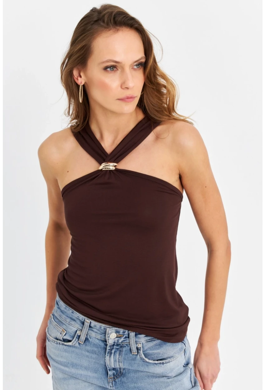 Kadın Kahverengi Aksesuarlı Bluz EY3068