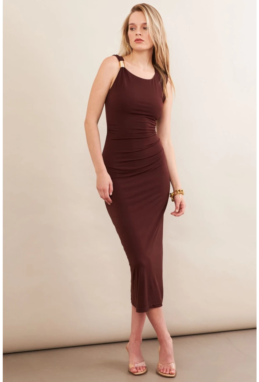Kadın Kahverengi Aksesuarlı Büzgülü Midi Elbise İRE102