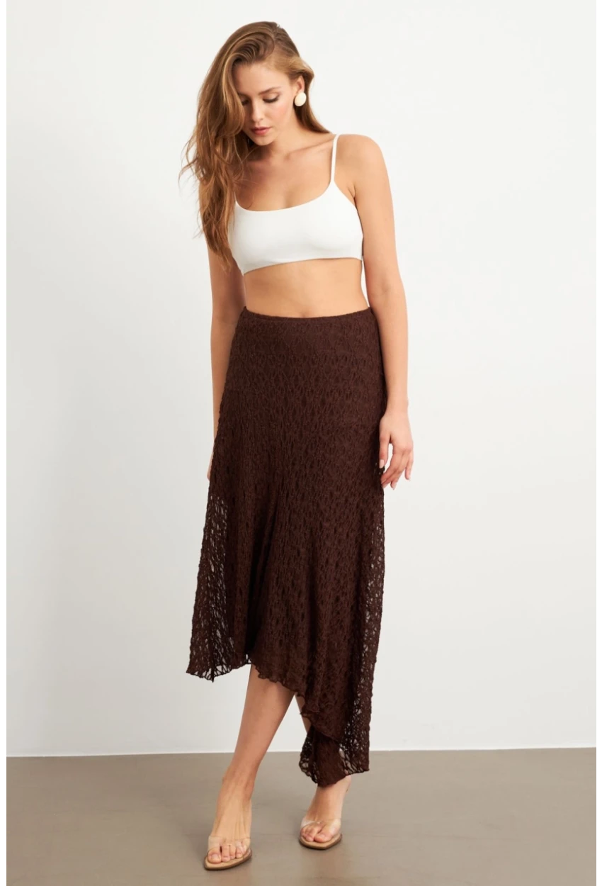 Kadın Kahverengi Asimetrik Dantel Midi Etek ZH357