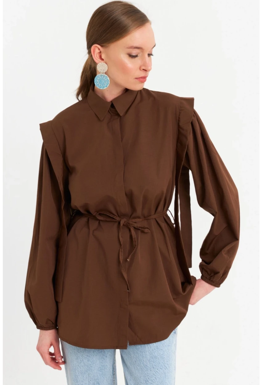 Kadın Kahverengi Bağlama Detaylı Basic Gömlek MASF185