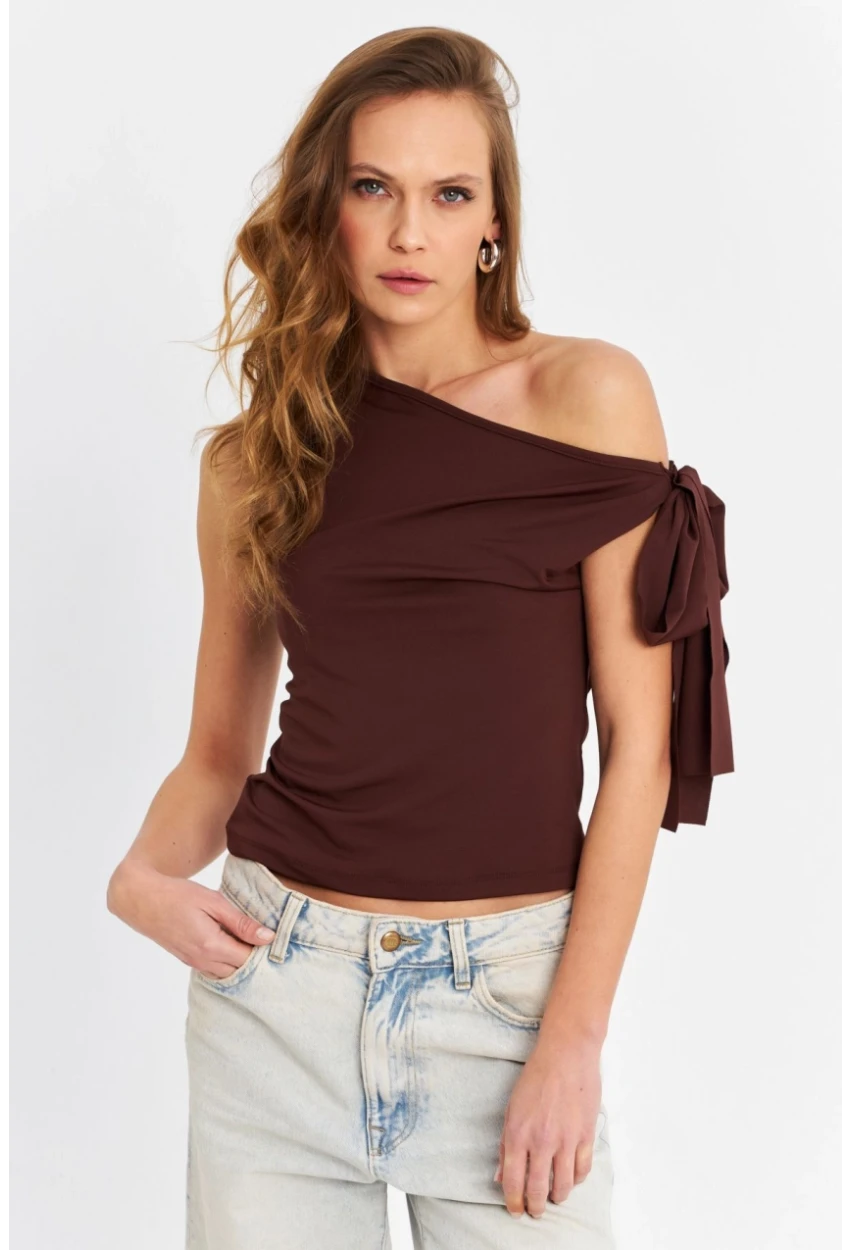 Kadın Kahverengi Bağlama Detaylı Bluz TF50