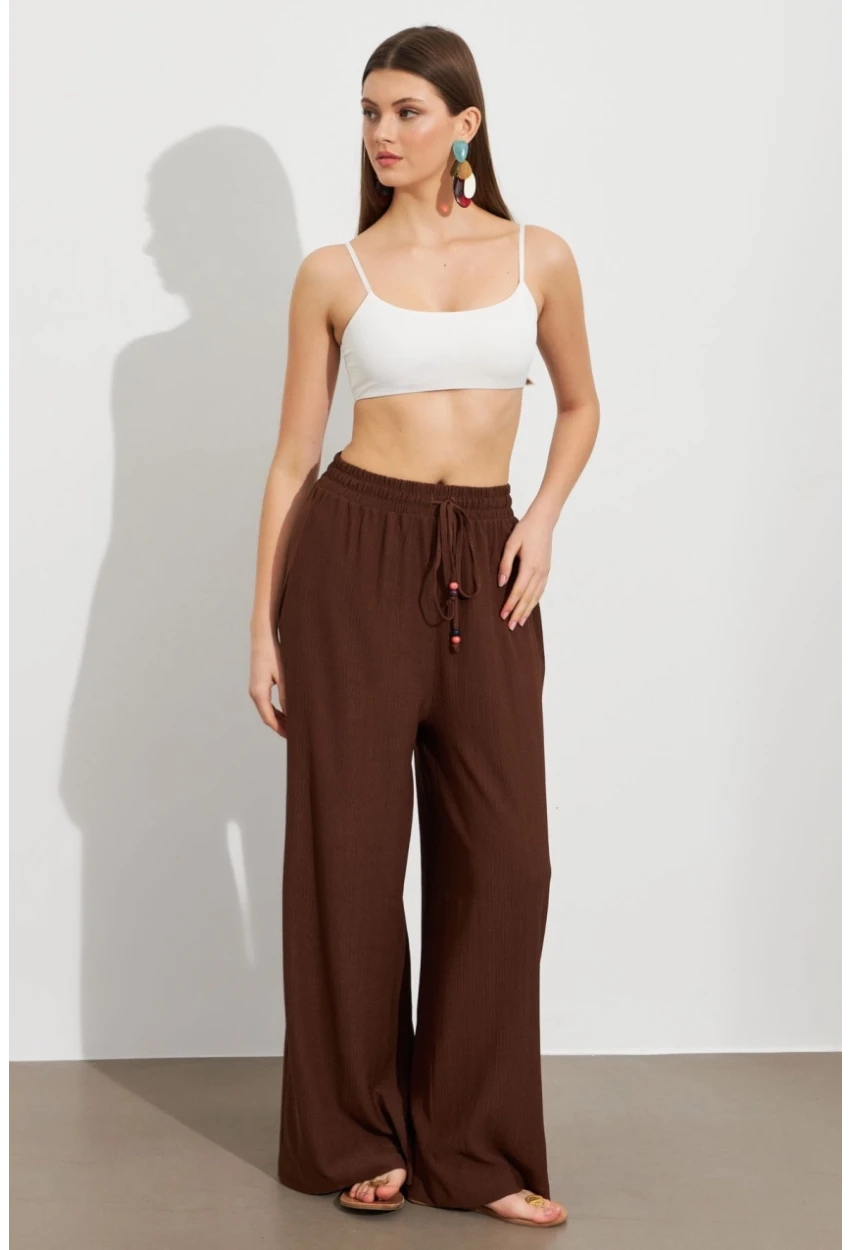 Kadın Kahverengi Beli Lastikli Bürümcük Pantolon ROP105