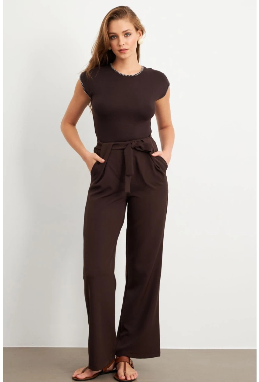Kadın Kahverengi Beli Lastikli Kuşaklı Pantolon FLU7251