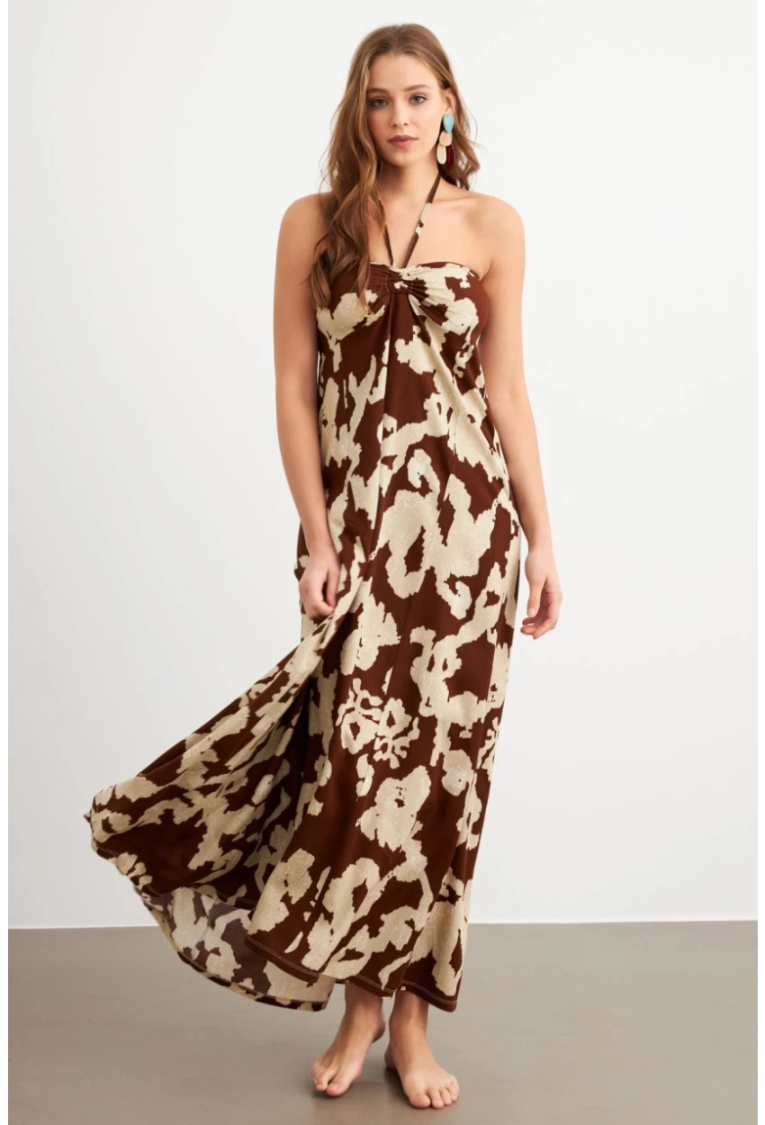 Kadın Kahverengi Büzgülü Desenli Midi Elbise KAB304