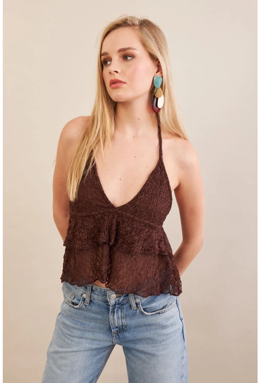 Kadın Kahverengi Dantel Bluz ZH324